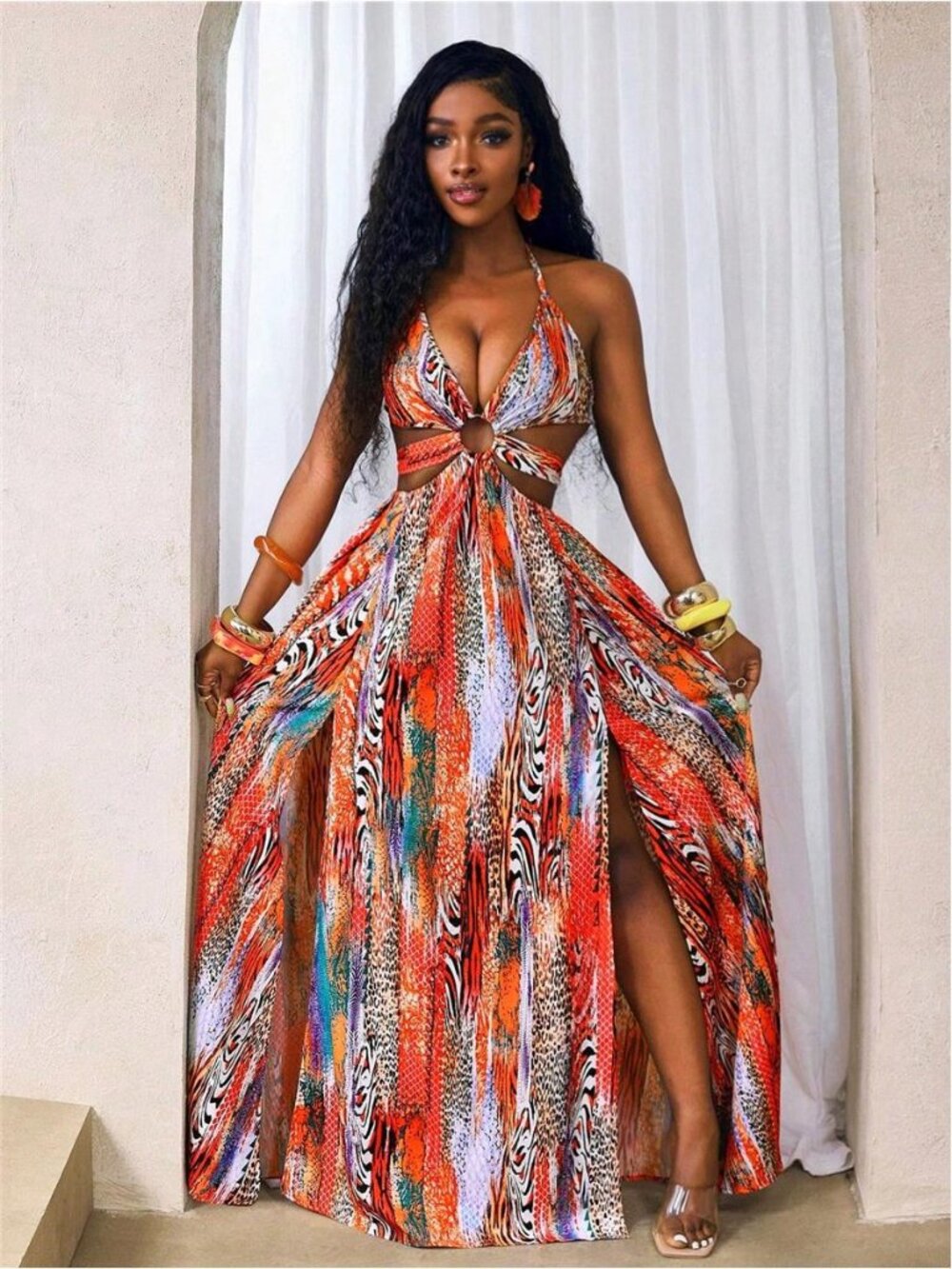 Orange Red Leopard Print Dress, Summer Boho Casual All-Match